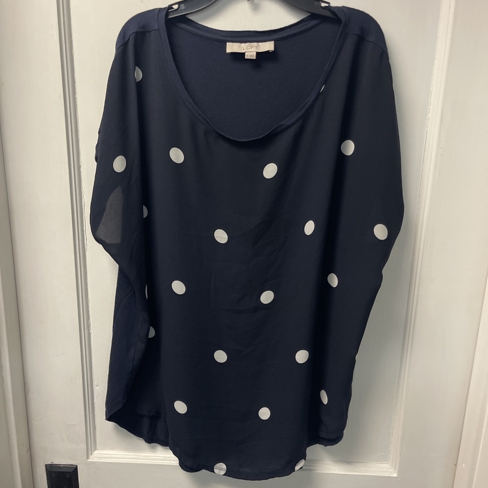 Loft Polka Dot Mixed Media Blouse Size XL Navy Blue